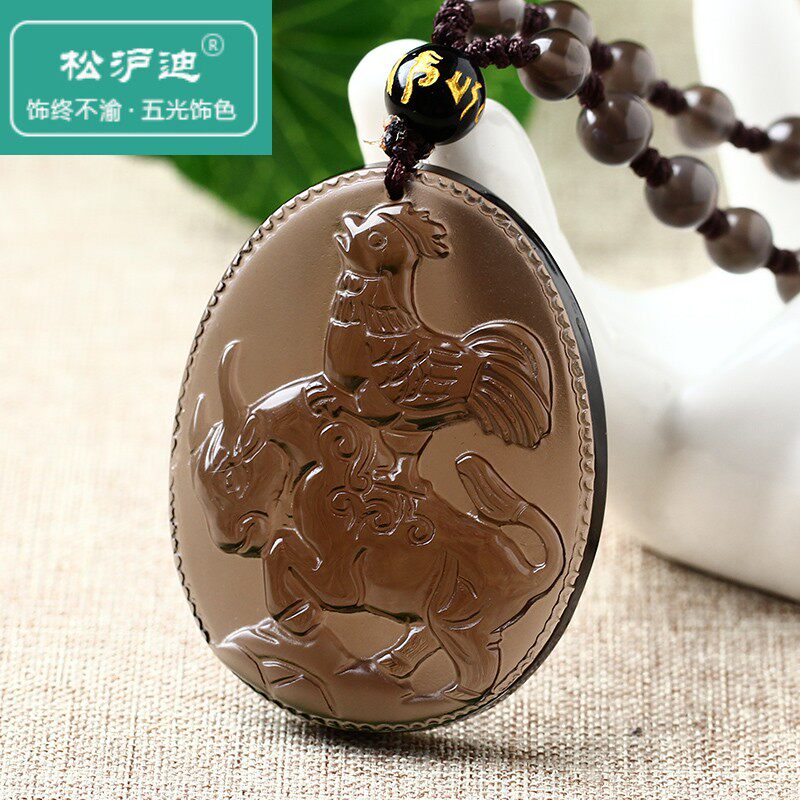 开光2020年尊选款属鸡吉祥物丹凤兰芝冰种黑曜石吊坠