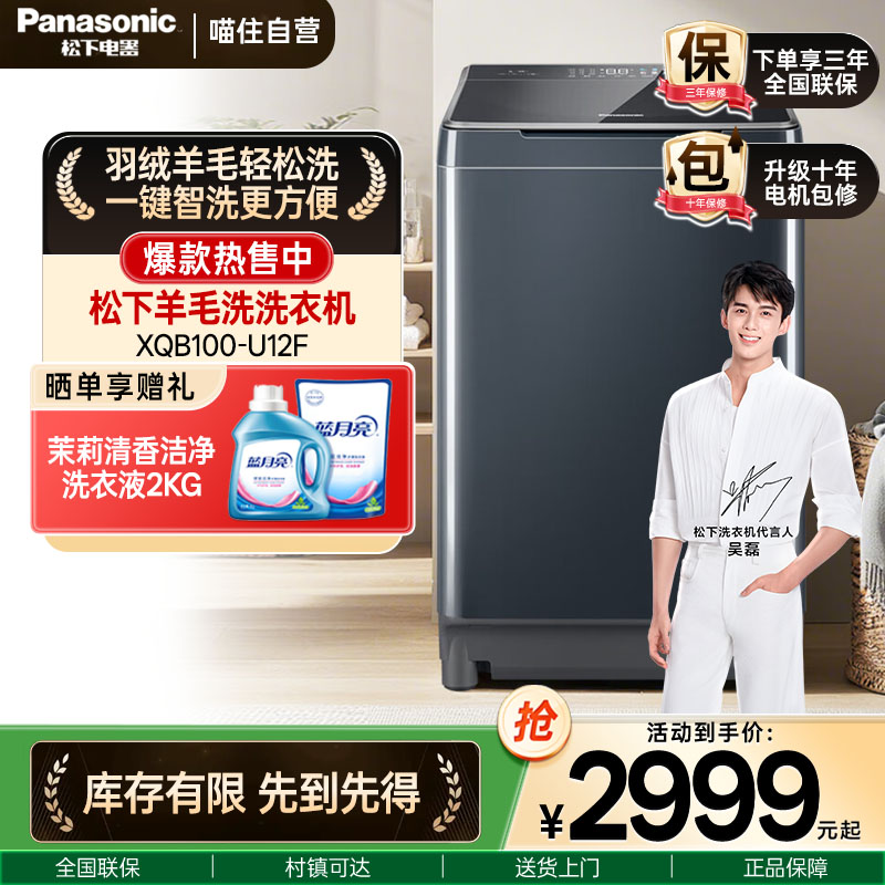 松下10公斤波轮洗衣机全自动羊羽绒毛洗一键洗不弯腰XQB100-U12F