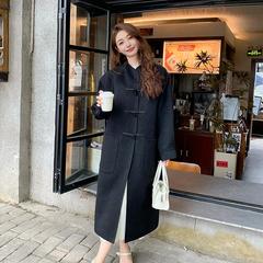 2024新款立领牛角扣双面羊绒大衣女黑色韩版宽松中长款过膝外套