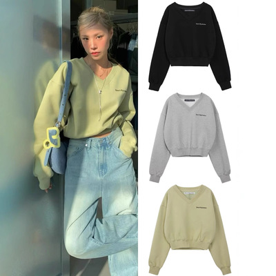 韩国restandrecreation美式V领加绒卫衣女新款宽松短款长袖上衣潮