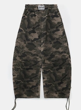 韩国小众badblood美式复古迷彩阔腿裤男女宽松休闲情侣刺绣弯刀裤