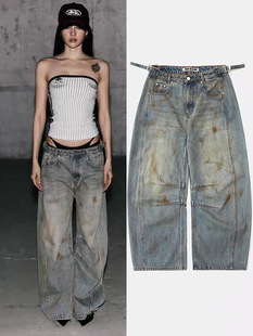 badblood美式复古脏染牛仔裤辣妹休闲水洗做旧街头慵懒宽松阔腿裤