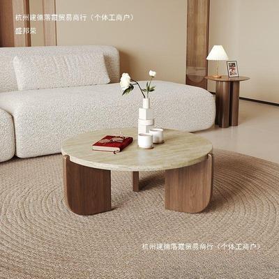 实木天然洞石茶几极简小户型客厅家用圆形阳台创意大理石沙发矮桌
