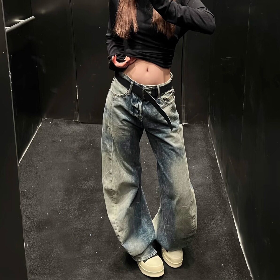 顶版~AC新款水洗做旧阔腿弯刀裤2006goldmine复古低腰磨破牛仔裤