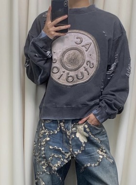 【顶版】AC新款3D打印纽扣印花宽松卫衣男女款磨破烂水洗做旧上衣