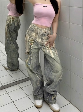 高端ac蕾丝珍珠链条直筒牛仔裤1981男女3D印花宽松阔腿弯刀裤2006