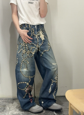 顶版~AC3d印花水晶钻石项链条宽松牛仔裤1981m小熊蝴蝶直筒阔腿裤