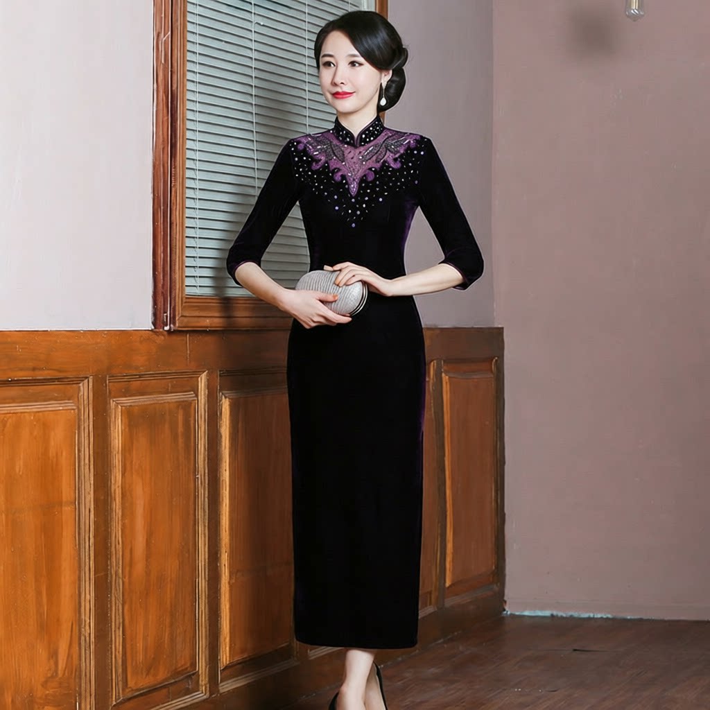 2021秋装新款丝绒旗袍复古风改良中国风长款修身婚宴装结婚妈妈装