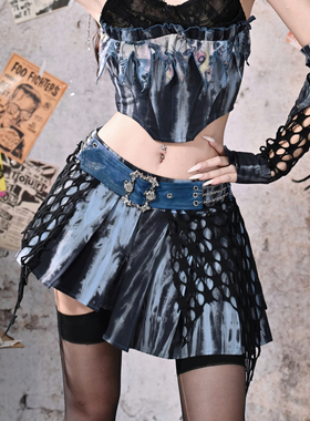 虚轨原创 沉溺蝴蝶y2k辣妹朋克风摇滚不规则百褶低腰半身裙两件套