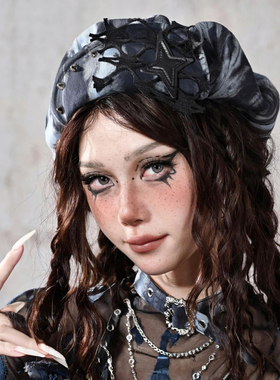 虚轨原创 沉溺蝴蝶Y2K辣妹朋克风星星撞色铆钉大头围小众贝雷帽潮