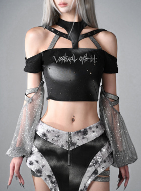 虚轨原创 数据幽灵y3k辣妹未来感印花可拆袖子两穿挂脖上衣T恤夏