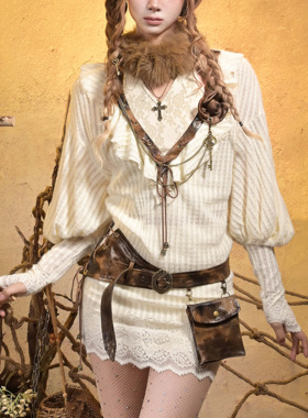 虚轨原创 沉船秘境朋克复古灯笼袖辣妹性感深V两穿针织连衣裙上衣