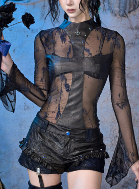 虚轨原创 告别序曲y3k摇滚朋克辣妹铆钉十字架网纱半透打底衫上衣