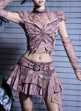 虚轨原创 蚀心蝶狱y2k辣妹少女朋克风亮片牛仔A字型绑带低腰短裙