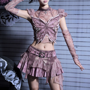 虚轨原创 蚀心蝶狱y2k辣妹少女朋克风亮片牛仔A字型绑带低腰短裙