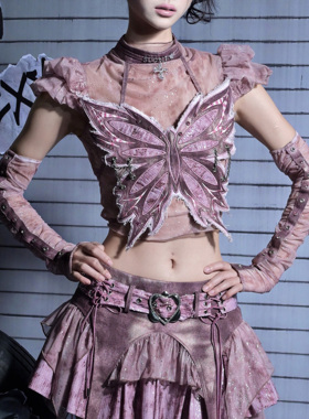 虚轨原创 蚀心蝶狱y2k辣妹少女朋克撞钉蝴蝶抹胸网纱打底衫两件套