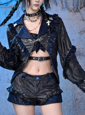 虚轨原创 告别序曲y3k辣妹垃圾摇滚风铆钉爆闪蕾丝褶皱pu皮薄外套