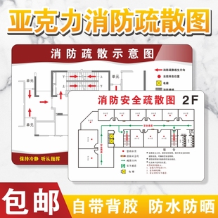 消防疏散示意图酒店客房安全指示图亚克力牌民宿足浴KTV紧急逃生图平面图幼儿园学校宾馆工厂定制小区路线图