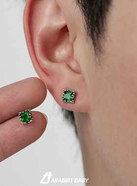 祖母绿方形耳钉女秋冬轻奢高级感气质复古男款时尚个性嘻哈耳饰潮