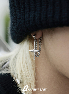 耳钉女小众设计感高级冷性风十字架流苏链条耳环男单只潮流个性