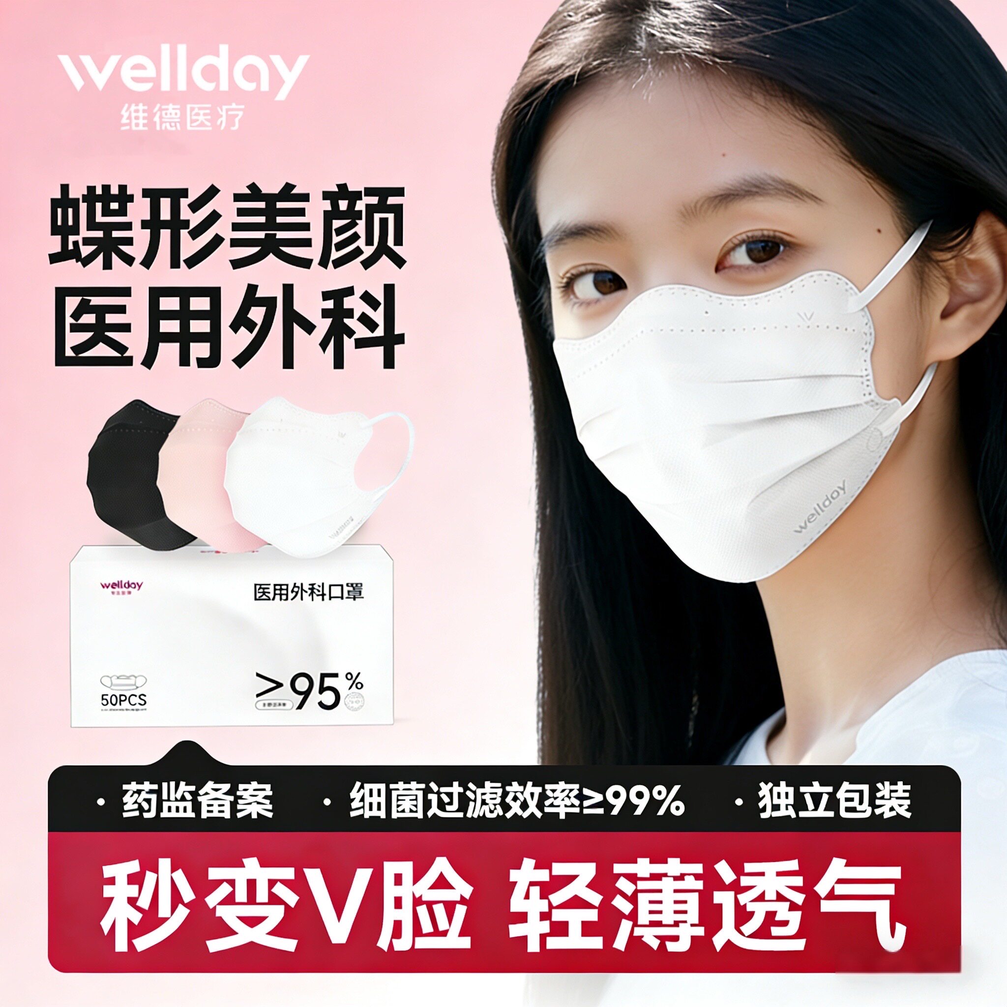 维德医疗蝶形医用外科口罩一次性医疗灭菌女夏季高颜值轻薄独立装