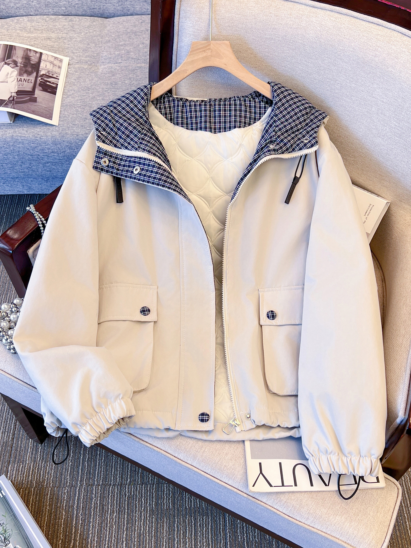 格子连帽拼接冲锋衣女秋冬季夹棉外套2025新款宽松加厚小个子棉服