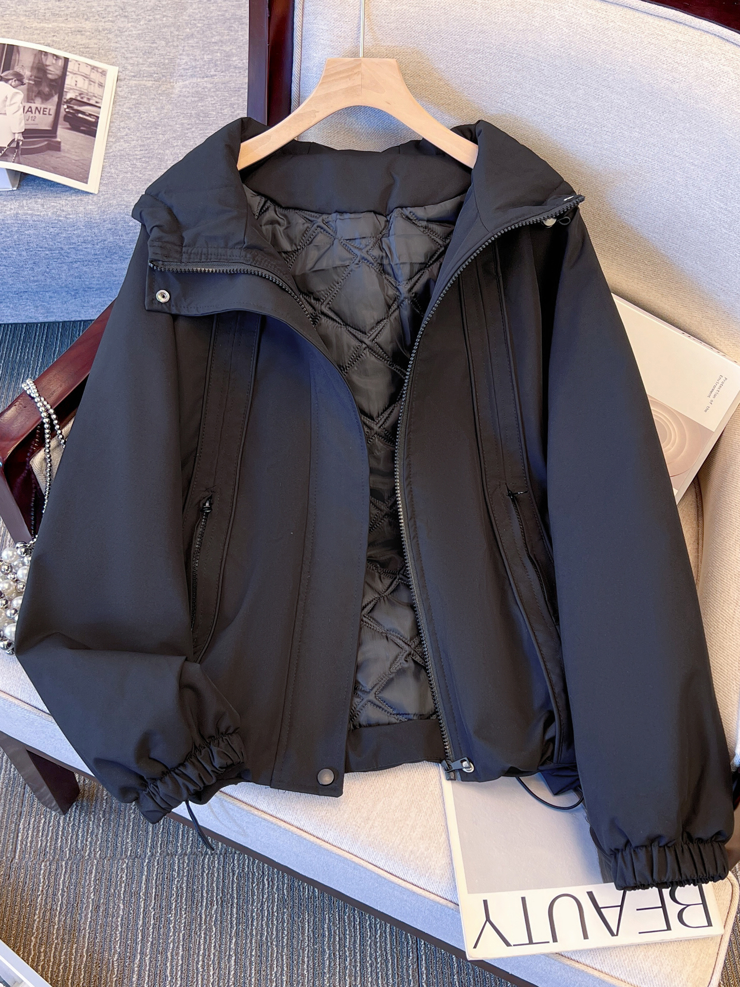 黑色连帽冲锋衣女秋冬夹棉外套2025新款爆款宽松休闲加厚工装棉服