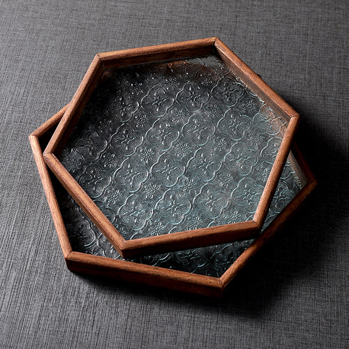 复古海棠压花玻璃托盘茶托