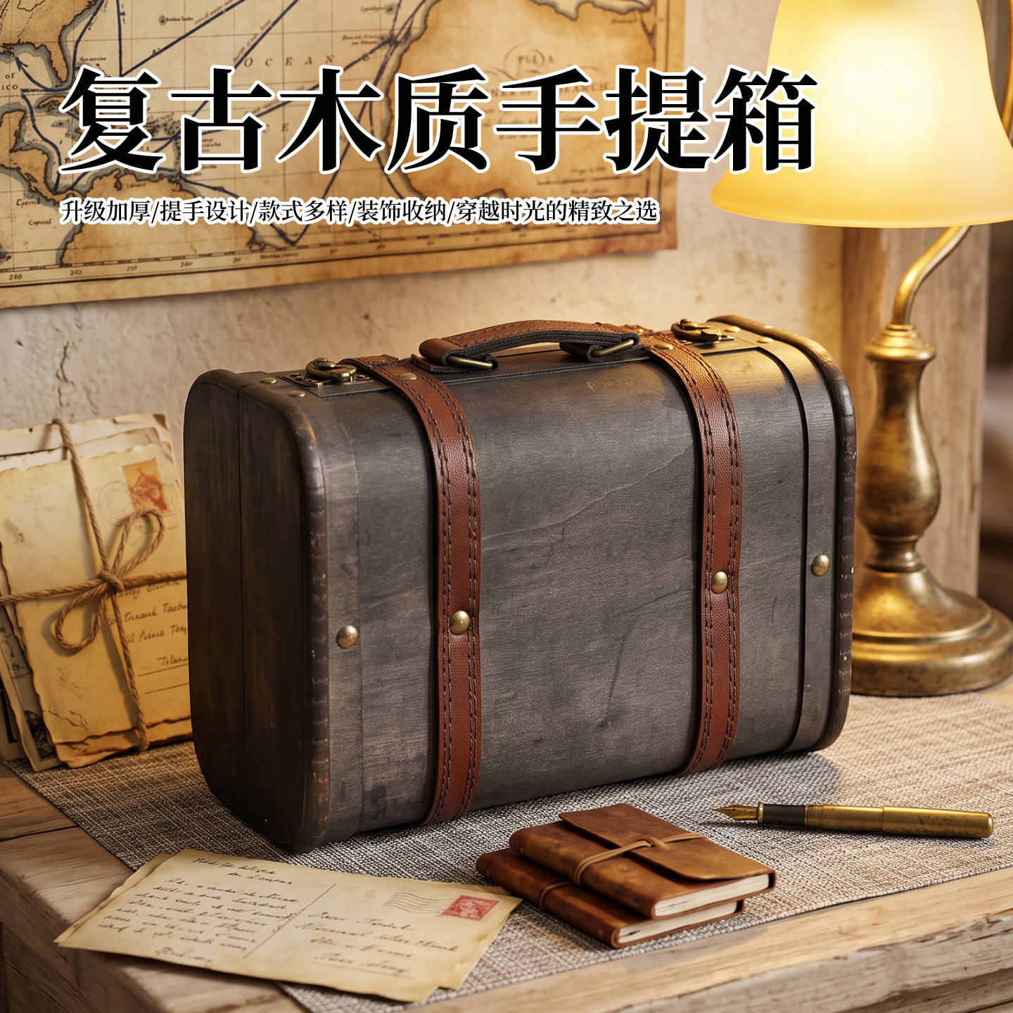 复古地图纹木质手提小箱子收纳盒图片