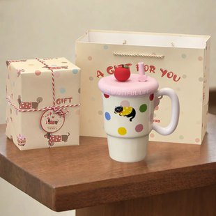 可爱猫咪吸管杯子礼盒装波点陶瓷马克杯带盖送女生生日礼物伴手礼