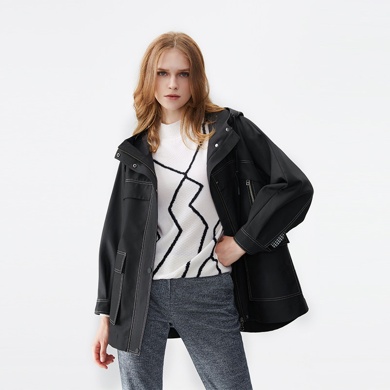 lorfeo/奥菲欧连帽腰袢短风衣秋季中长款开襟上衣气质简约外套