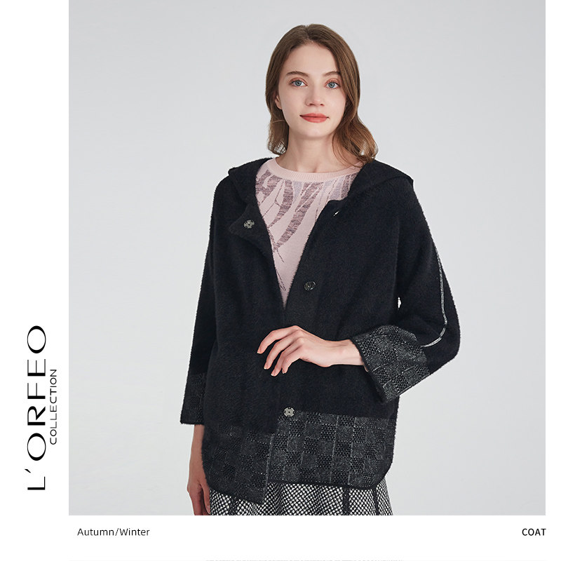 lorfeo/奥菲欧开襟带帽提花羊毛混纺中长毛呢外套直筒复古时尚