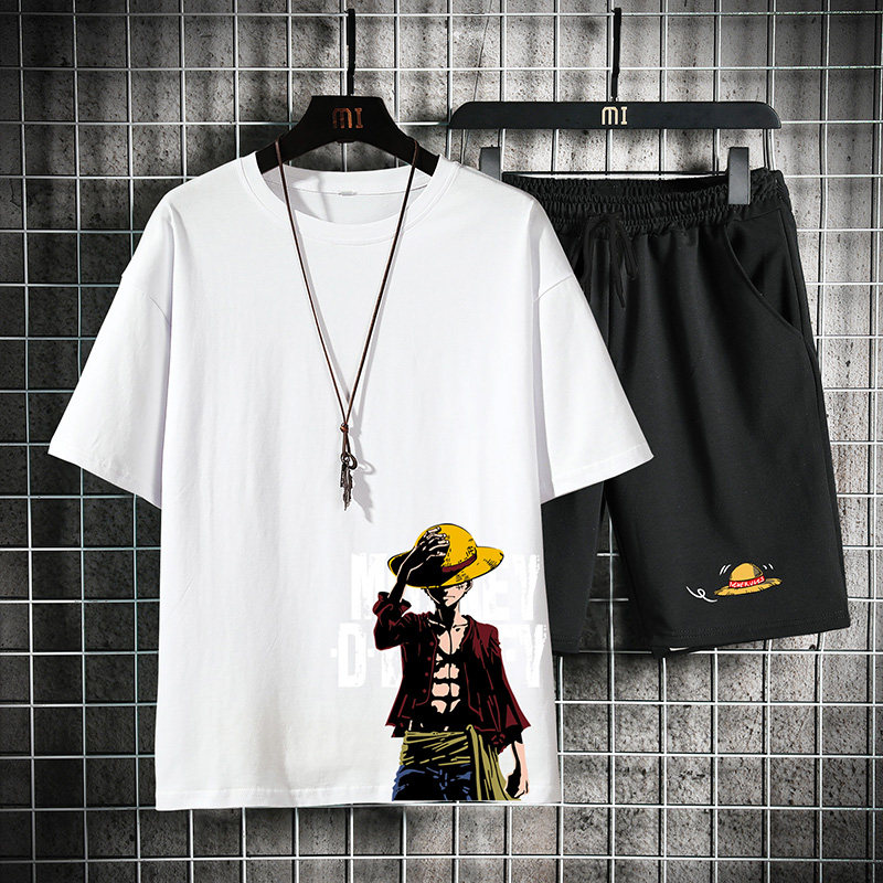 纯棉睡衣男夏季薄款卡通动漫海贼王路飞全棉家居服休闲运动套装潮