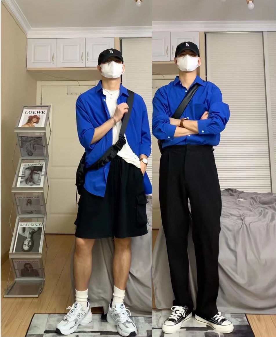 方人也屹 秋季衬衫男长袖2021新款韩版潮流蓝色痞帅克莱因蓝衬衣