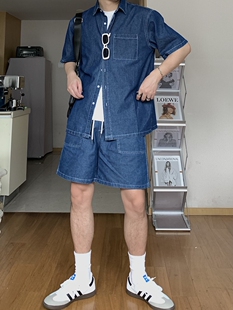 方人也屹韩版短袖牛仔衬衫外套牛仔短裤套装男夏季薄款两件套