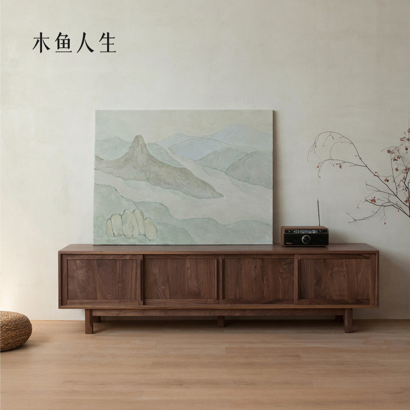新中式电视柜黑胡桃中古风客厅落地柜实木简约侘寂风试听柜矮长柜