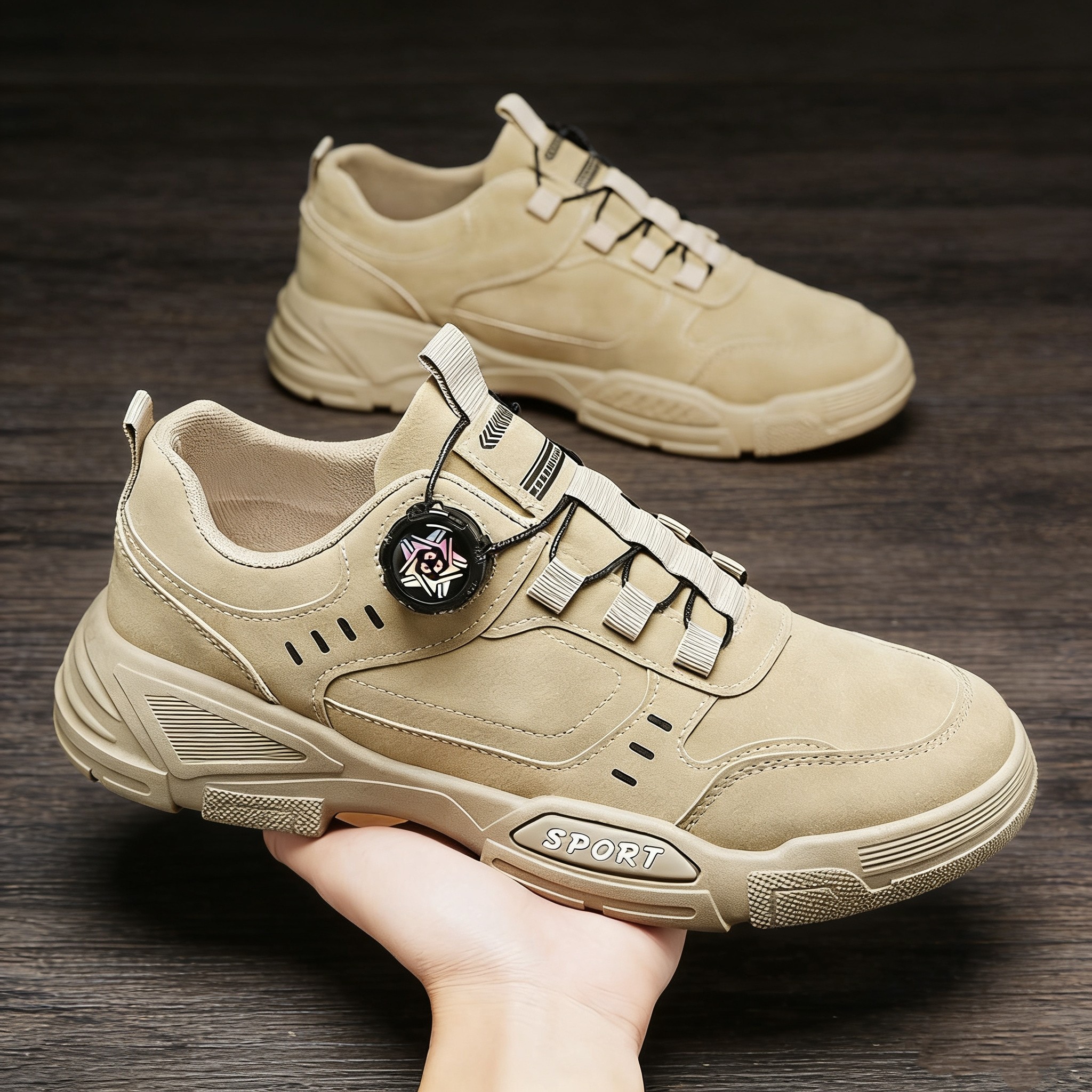 男鞋2025年新款冬季防滑耐磨运动鞋户外登山鞋男士旋转纽扣工装鞋,流行男鞋,德训鞋,淘宝优惠券,粉丝福利购,淘宝优惠卷