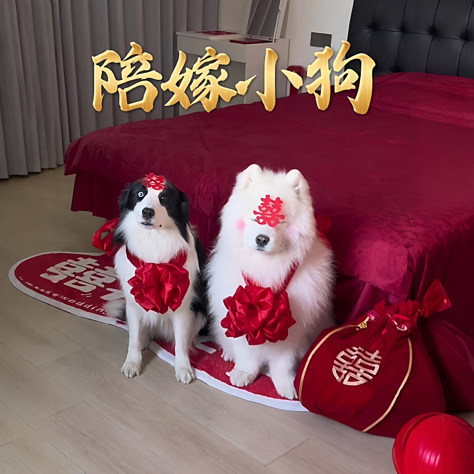 立减5元陪嫁小狗大红花球装饰