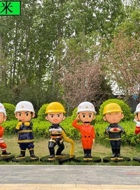 玻璃钢卡通消防员铸铜人物雕塑定制铁艺镂空剪影拍照座椅模型摆件