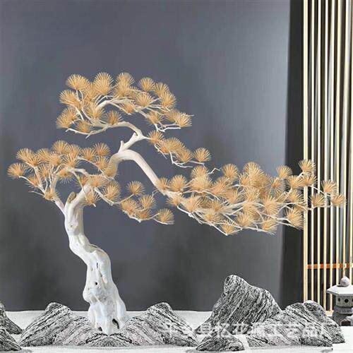 仿真松树大型室内装饰迎客松摆件实木雕刻假树盆景中式枯山水造景