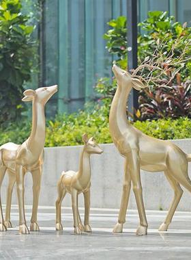 大型抽象仿铜色梅花鹿雕塑摆件会所售楼部玻璃钢室内景观装饰道具