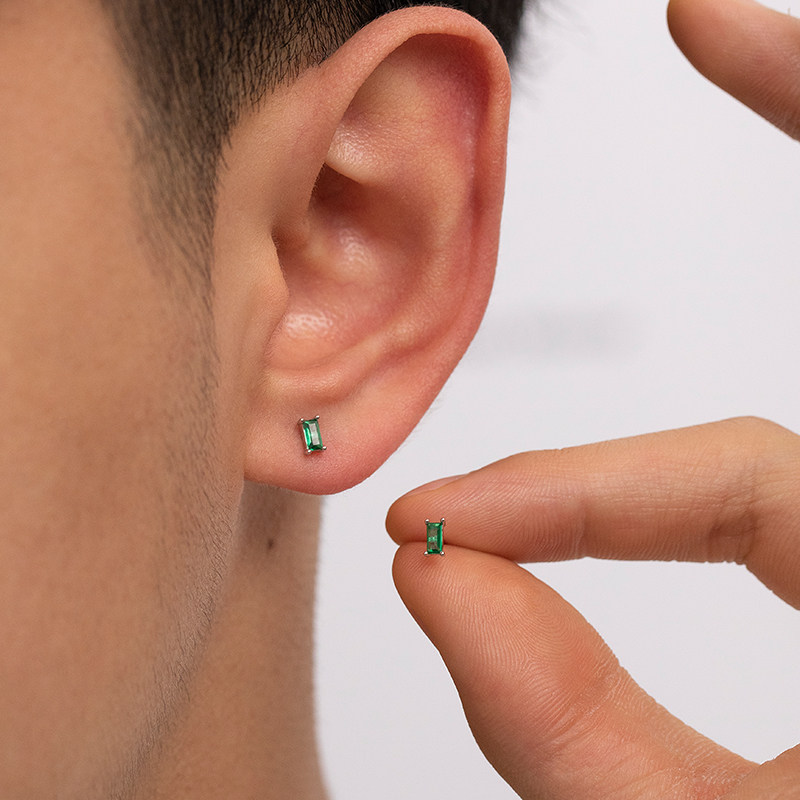 纯银日韩男女长方形绿色镶钻耳钉