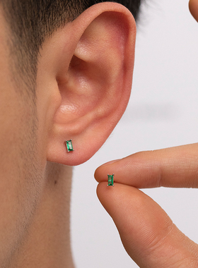 S925纯银耳钉男2023年新款潮绿色镶钻耳饰高级感简约ins风耳环女