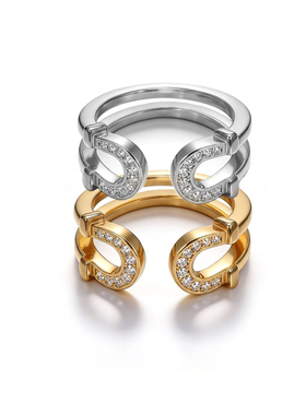 轻奢铜镀18K金连环扣开口戒指男女生同款通用百搭几何指环马蹄形