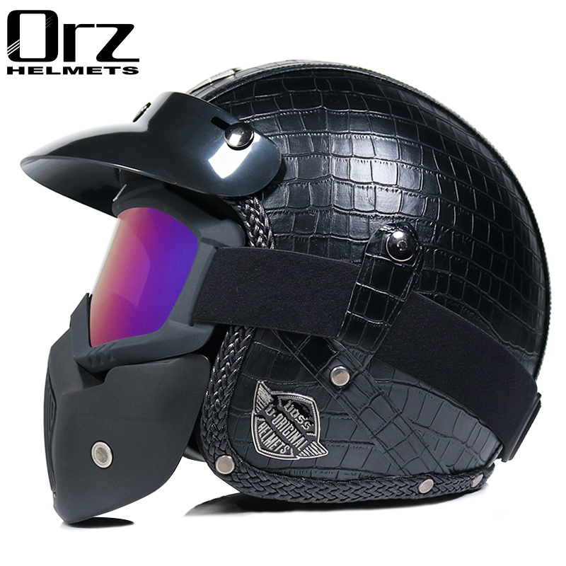ORZ新国标3C认证摩托车头盔男女复古机车安全帽手工皮革头盔3/4盔