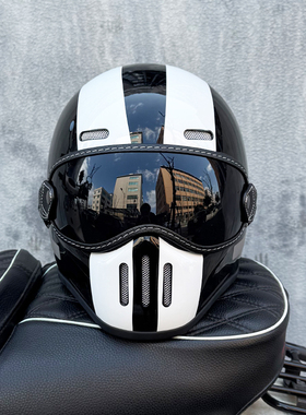 Orz碳纤维复古摩托车头盔男女全盔3C认证猪鼻玻璃钢小盔体机车巡