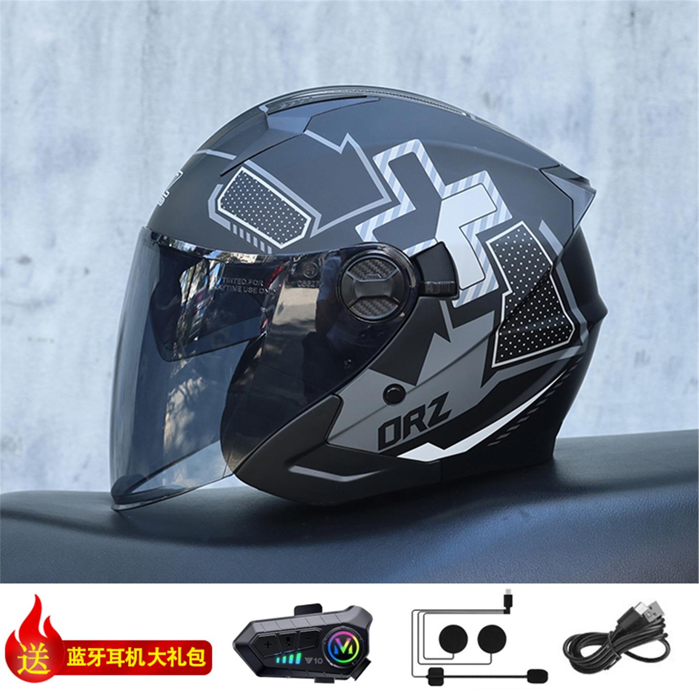 Orz复古半覆盖盔男女双镜片电动自行车头盔双镜踏板通用半盔四季