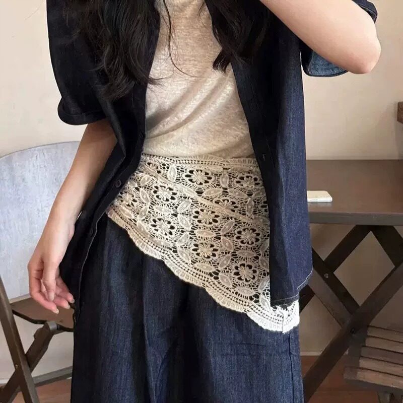 镂空针织三角围巾腰带丝巾女米色叠穿屁帘腰封外搭披肩配裙子长裤