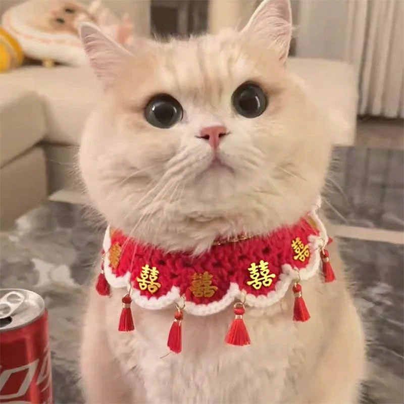 宠物陪嫁装饰猫咪结婚围脖狗狗口水巾结婚围兜装扮红色喜庆项圈