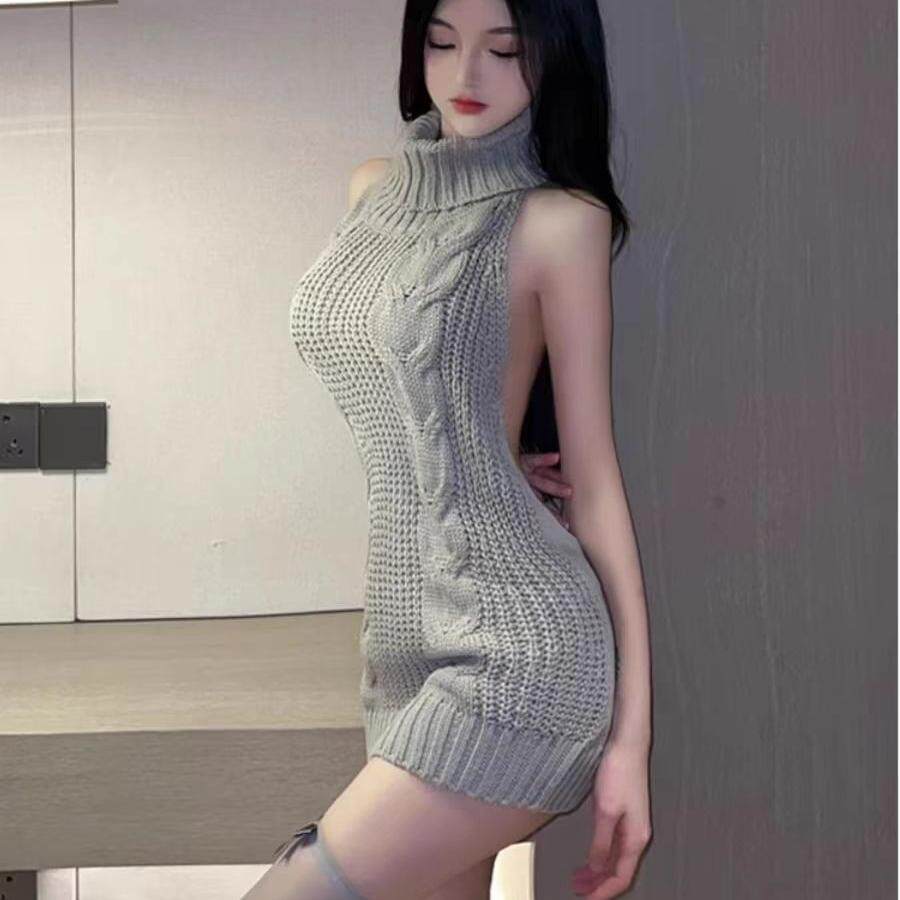 禁欲系女新款高领毛衣针织无袖连衣裙性感纯欲风裙子低胸镂空诱惑